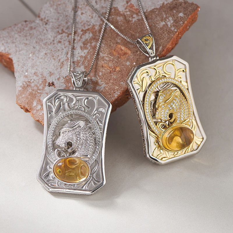 925 Sterling Silver Leopard Head Citrine Square Pendant Necklace - Vintage Design