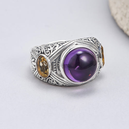 925 Silver Amethyst Adjustable Ring - Floral Vintage Design