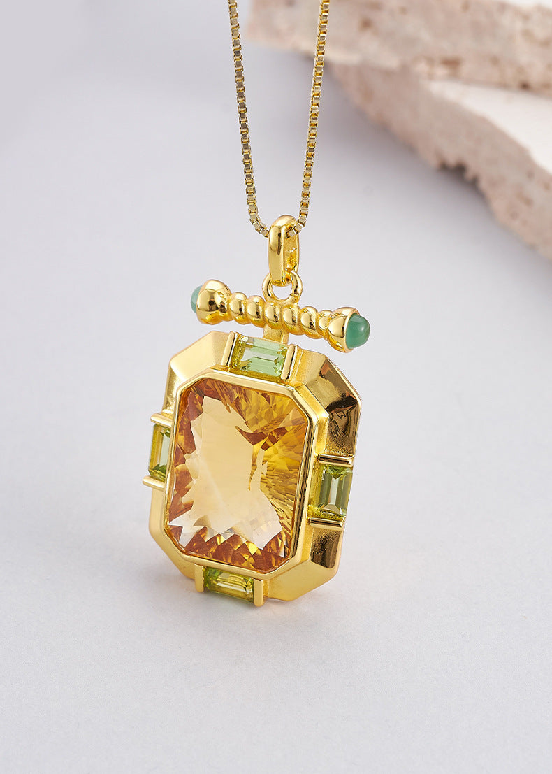 925 Sterling Silver Gold Plated Square Citrine Pendant Necklace