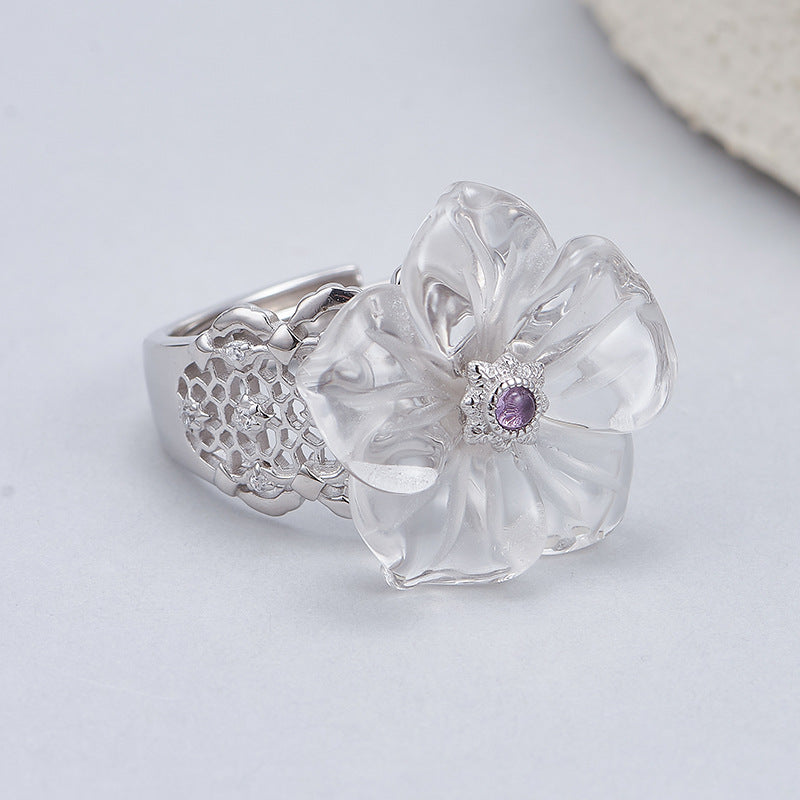 Hollow Lace Crystal Flower Ring - 925 Silver Temperament - Versatile High-End Design
