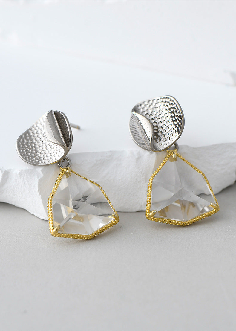 925 Sterling Silver Geometric Crystal Stud Earrings - French Gold Edge Design