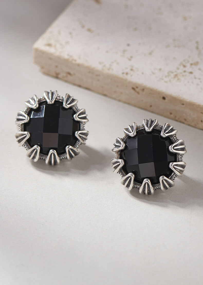 925 Sterling Silver Faceted Black Onyx Round Hoop Earrings