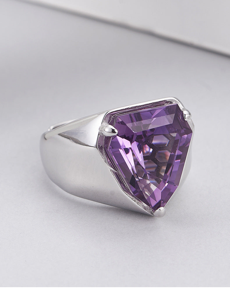 S925 silver cut amethyst geometric personality open ring fashionable simple sweet cool temperament adjustable ring