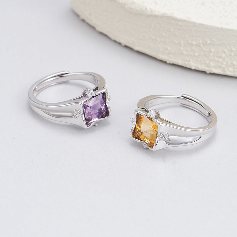 S925 silver natural crystal square ring fashionable versatile niche design adjustable index finger ring women