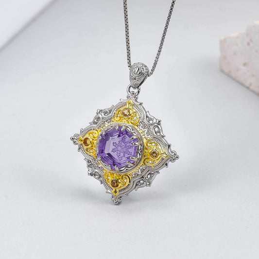 Rhombus Amethyst Pendant - 925 Silver Italian Retro Hollow Pattern - Court Style Necklace