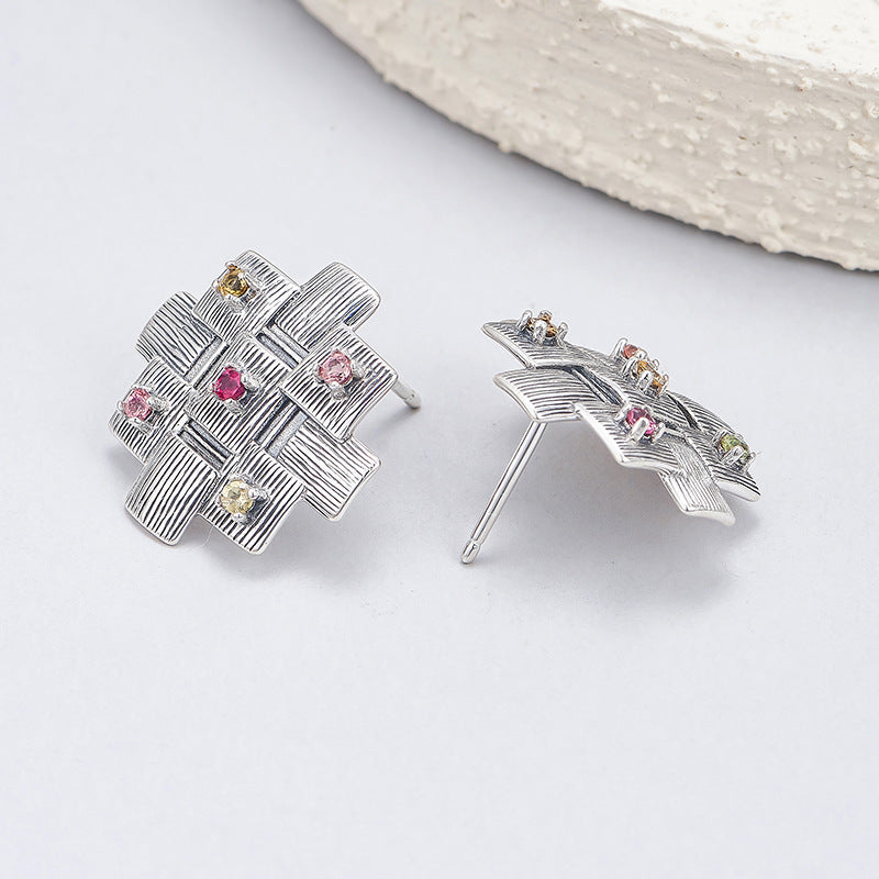 925 Sterling Silver Geometric Textured Stud Earrings