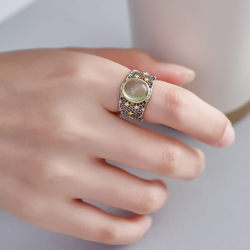 Hollow Lace Grape Stone Ring - 925 Silver Wide Band - Retro Geometric Design