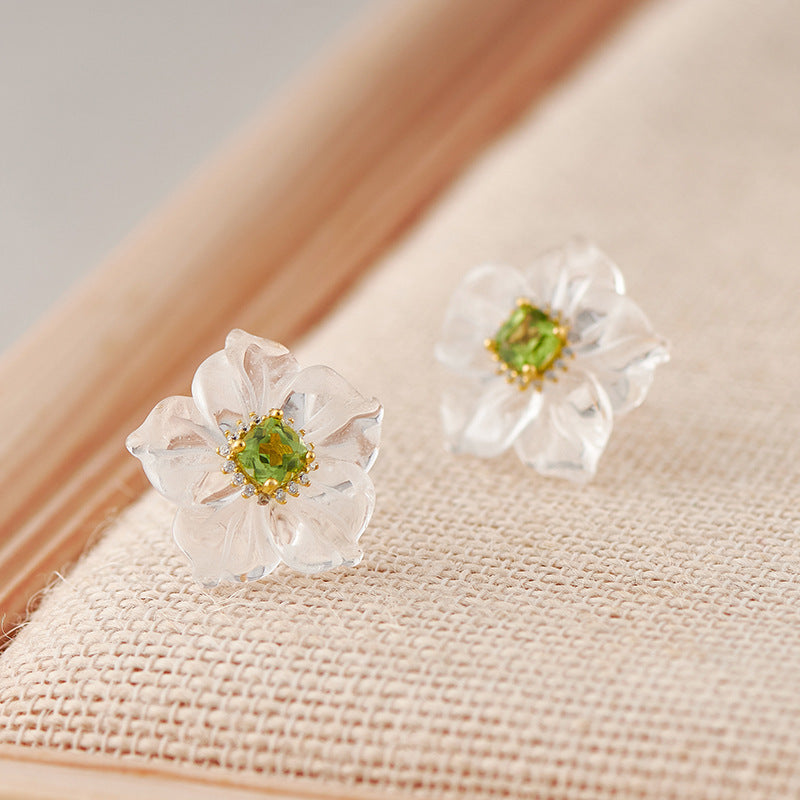 3D Flower Crystal Stud Earrings - 925 Silver Camellia Design - Citrine Accents