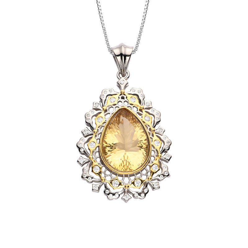 925 Sterling Silver Italian Lace Citrine Teardrop Pendant Necklace - Vintage Court Style
