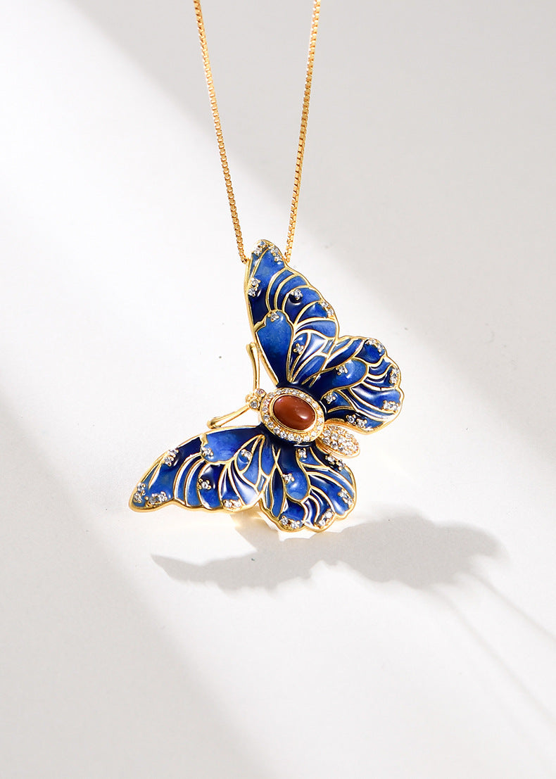 Butterfly Pendant Brooch - 925 Sterling Silver Convertible Necklace & Pin - Ethnic Design