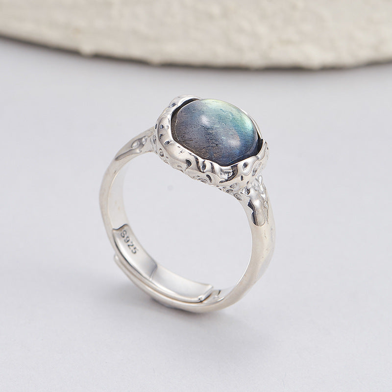 S925 silver powder crystal ring texture compact geometric adjustable ring