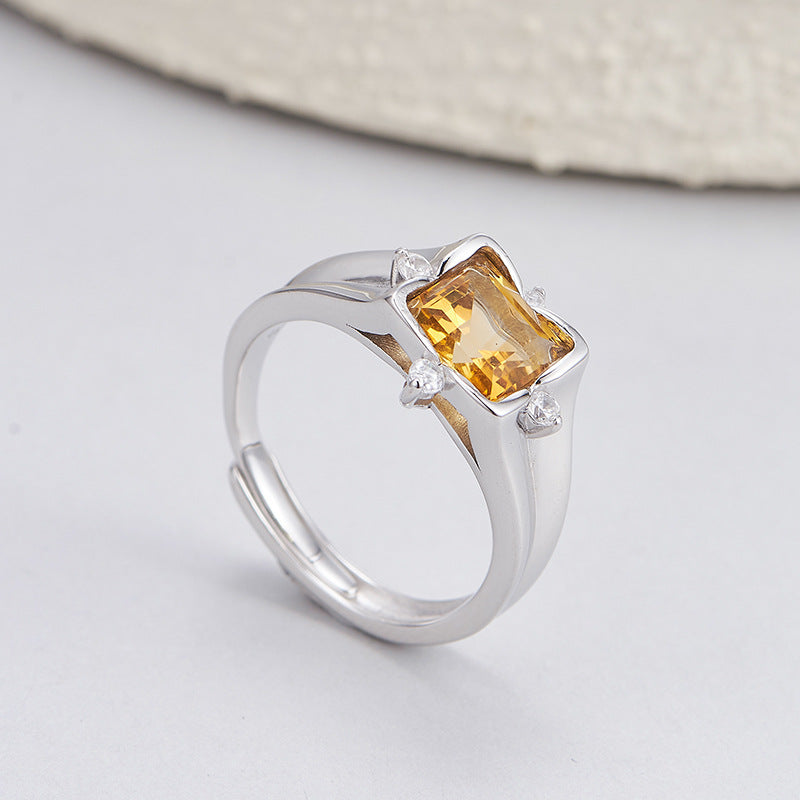 S925 silver natural crystal square ring fashionable versatile niche design adjustable index finger ring women