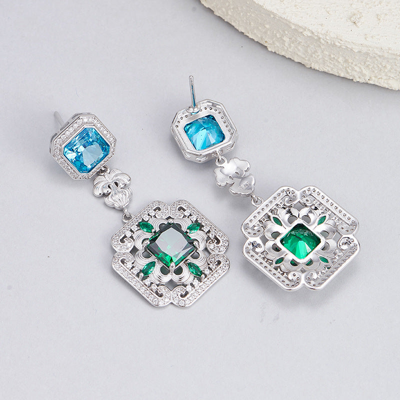 S925 silver long stud earrings retro synthetic emerald geometric high-end temperament earrings