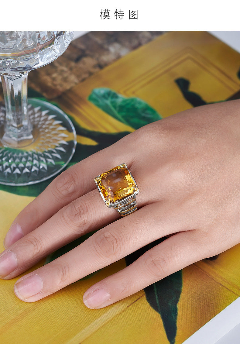 Square Citrine Ring - 925 Silver Italian Contrasting Color - Geometric Opening Ring