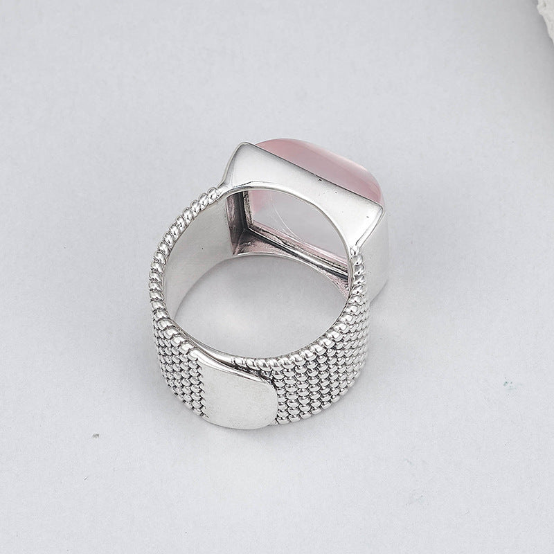 925 Sterling Silver Wide Pink Crystal Square Ring - Minimalist Unisex