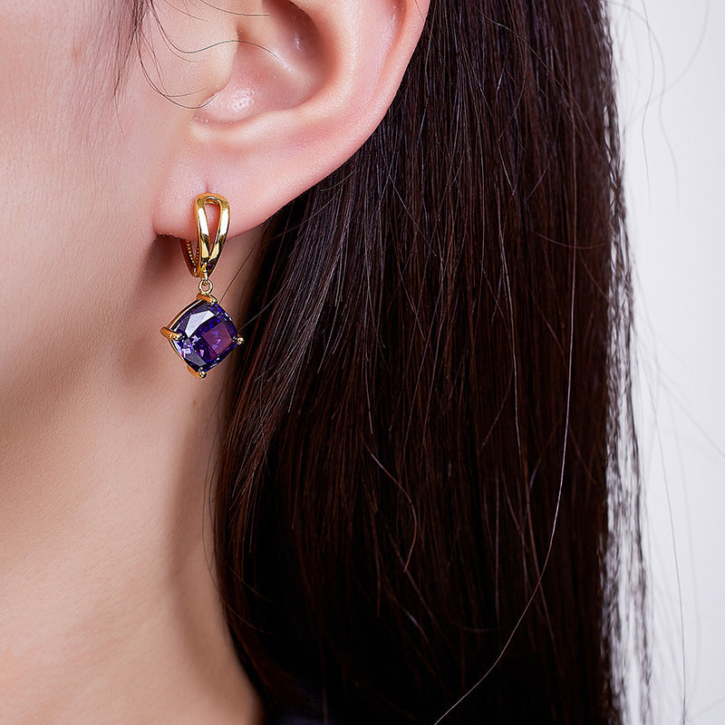 925 Sterling Silver Gold Plated Geometric Purple Stone Dangle Earrings - French Vintage