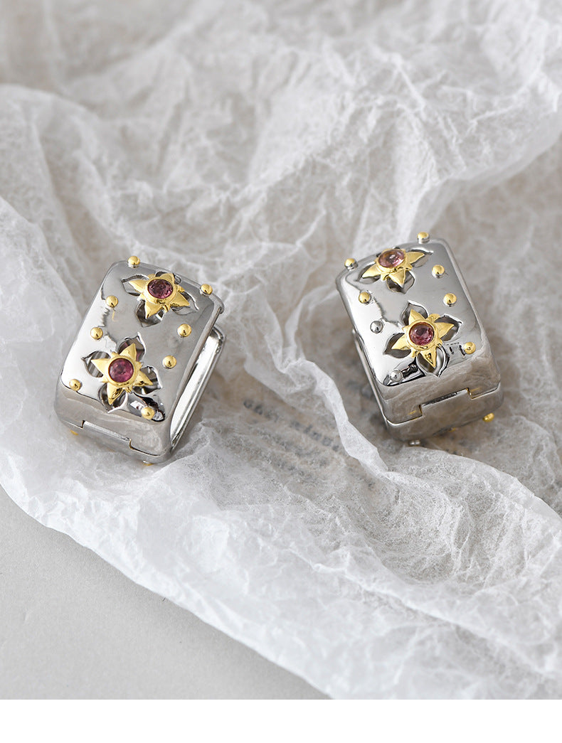 925 Sterling Silver Italian Court Style Square Hollow Earrings - Vintage Design