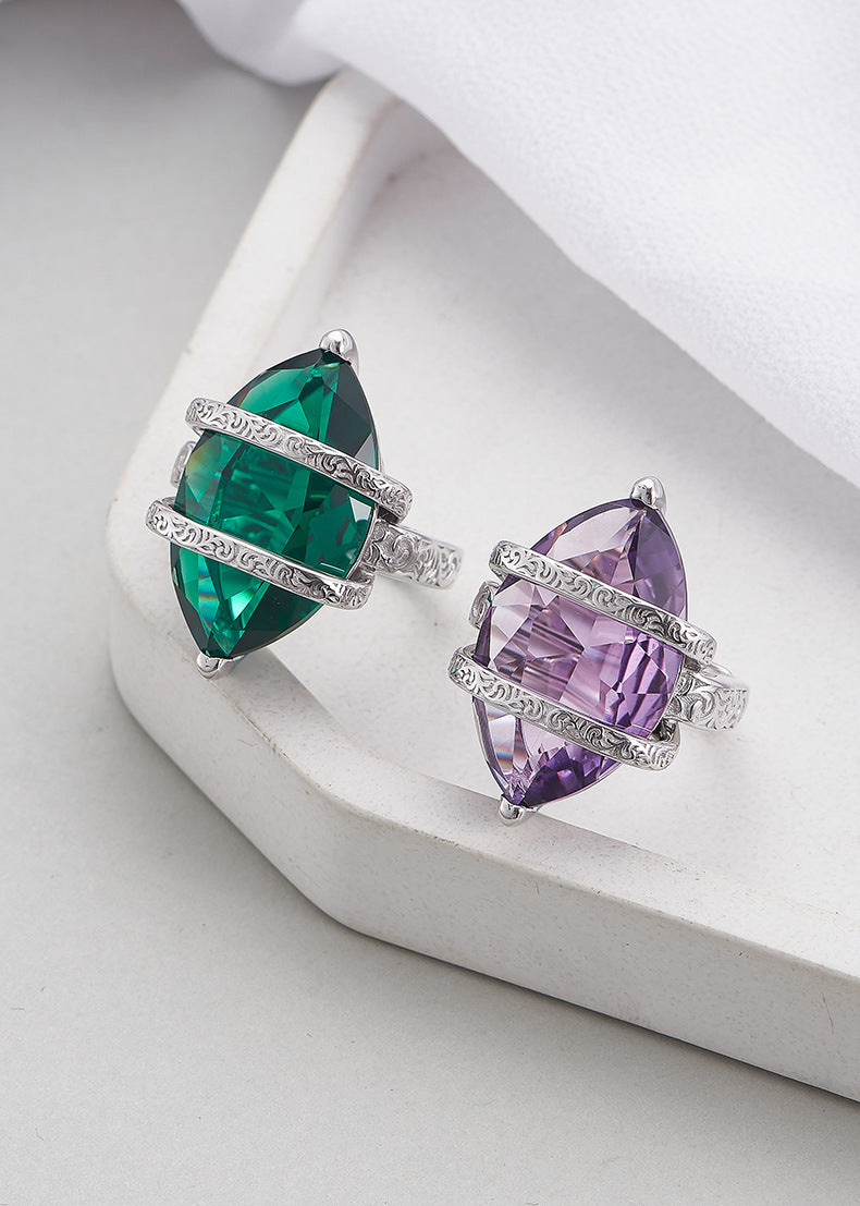 925 Sterling Silver Geometric Amethyst Open Ring