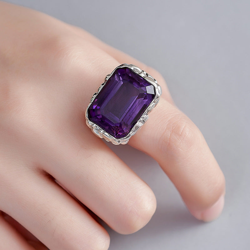 Bold Amethyst Statement Ring | 925 Sterling Silver | Textured Square Cocktail Ring