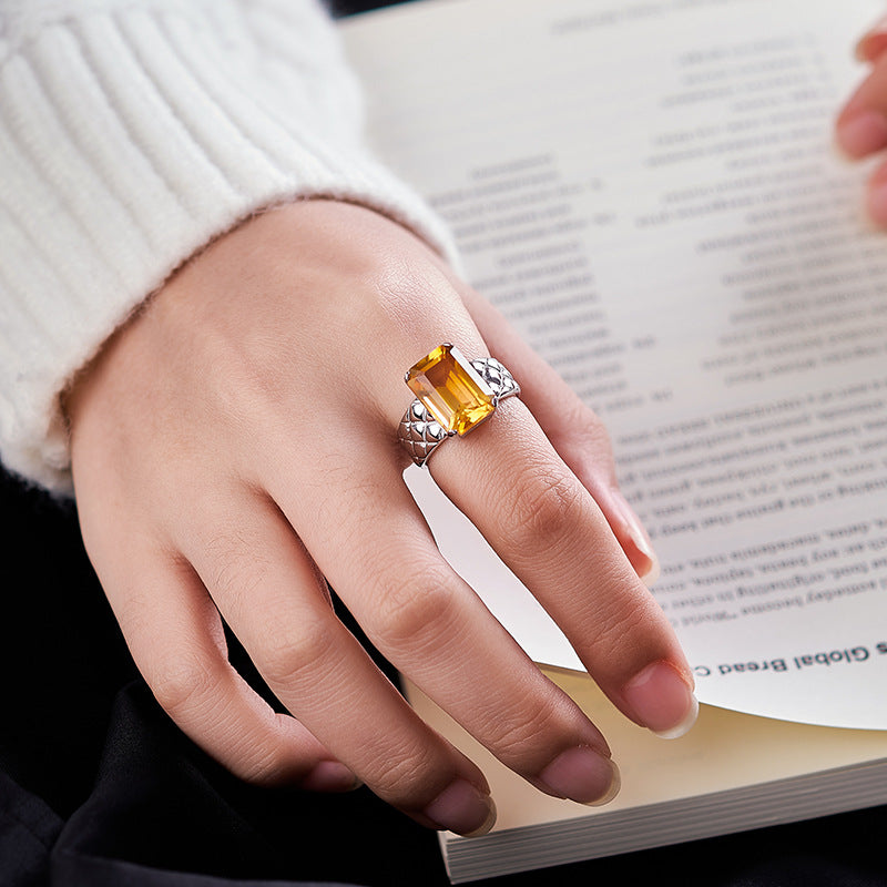 S925 silver natural cut citrine texture square ring cold wind personality temperament ring