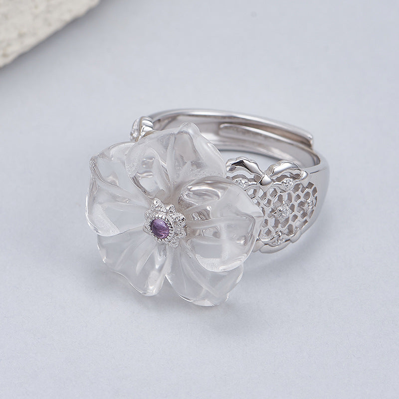 Hollow Lace Crystal Flower Ring - 925 Silver Temperament - Versatile High-End Design