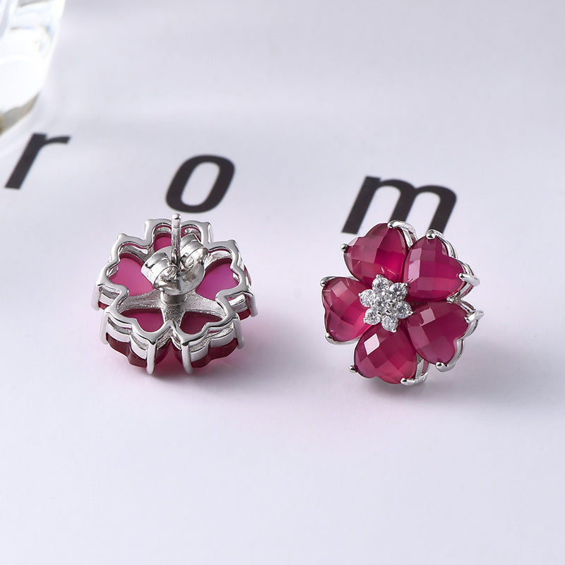 S925 silver heart-shaped redstone stud earrings fashion light luxury simple flower niche gemstone earrings women