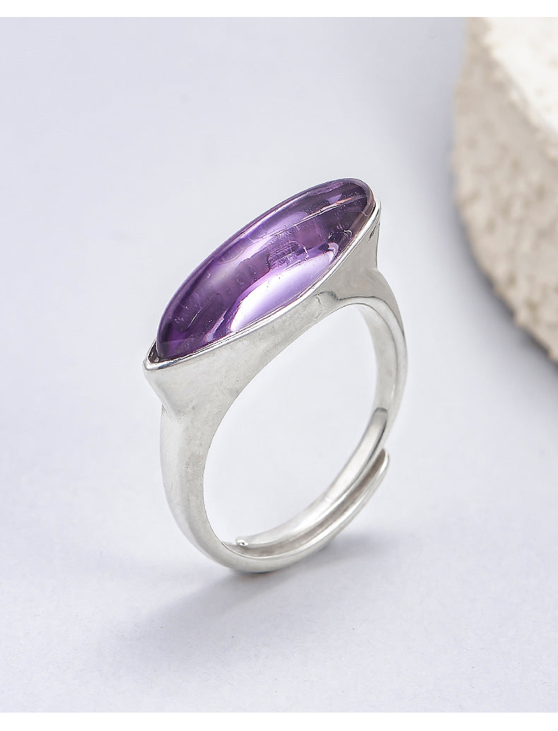 Minimalist Amethyst Marquise Ring - Adjustable Sterling Silver Band