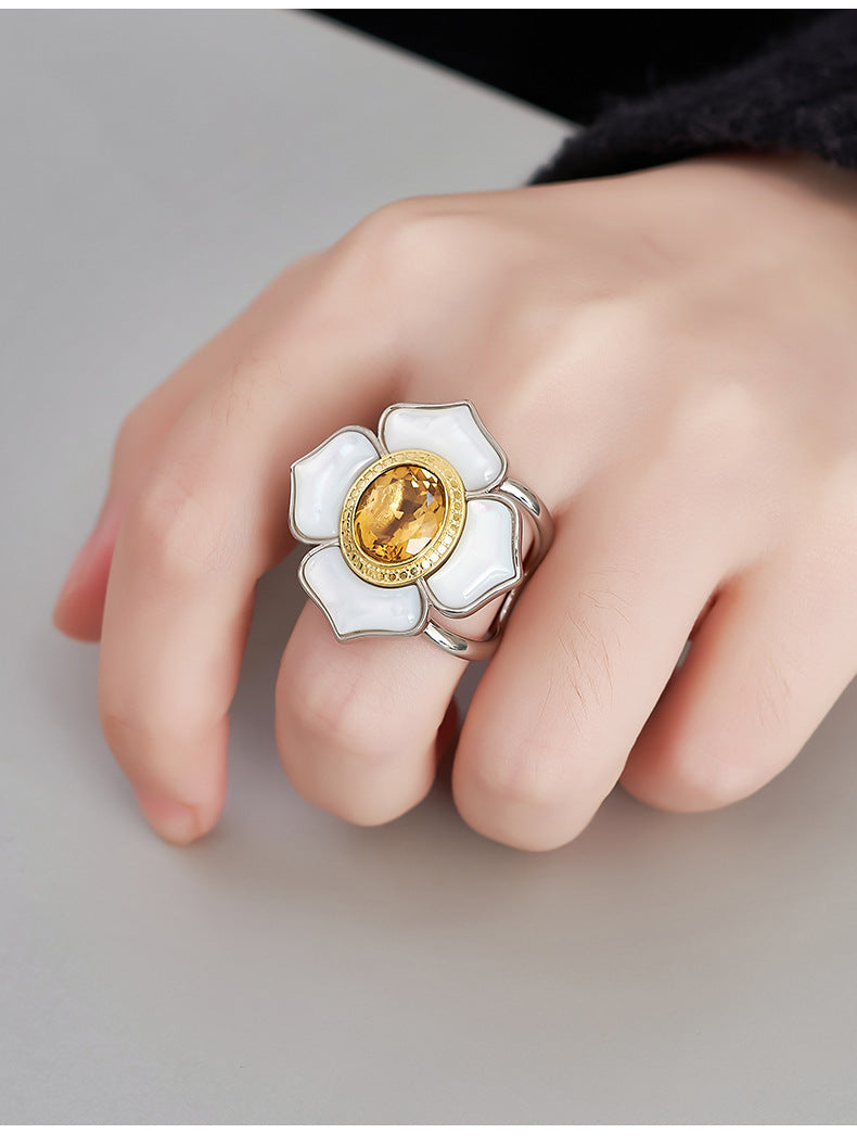925 Sterling Silver White Shell Camellia Citrine Adjustable Ring