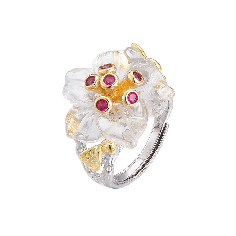 Floral White Quartz & Ruby Ring - 925 Sterling Silver Adjustable Band with Gemstone Accents