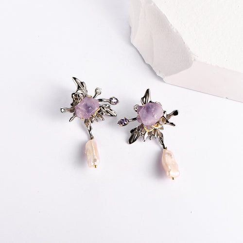 925 Sterling Silver Amethyst Stud Earrings - Baroque Vintage Design