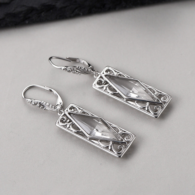925 Sterling Silver Diamond-Shaped White Crystal Earrings - Court Style