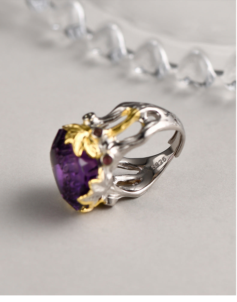 Retro Court Amethyst Ring - 925 Silver Gold-Plated Weave - Heavy Industry Statement Ring