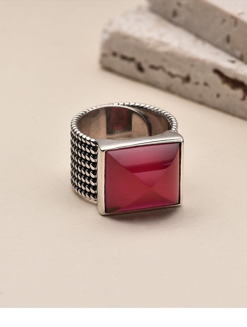 925 Sterling Silver Square Ruby Open Ring - Bold Vintage Design