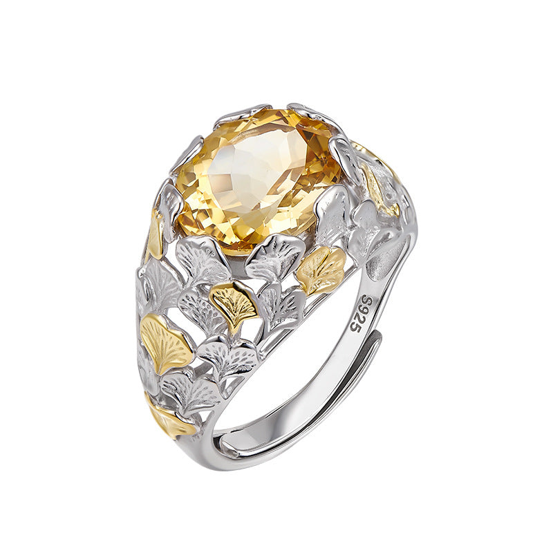 Ginkgo Leaf Citrine Ring | 925 Sterling Silver | Italian Craftsmanship
