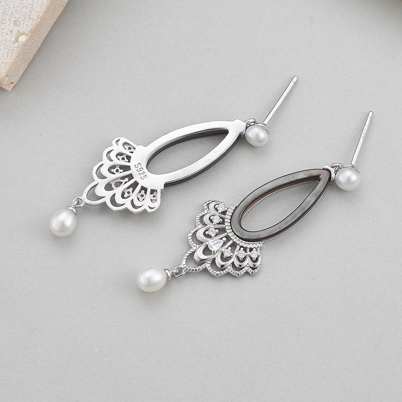 Teardrop Pearl Earrings - 925 Sterling Silver Openwork Long Drop with Black Shell