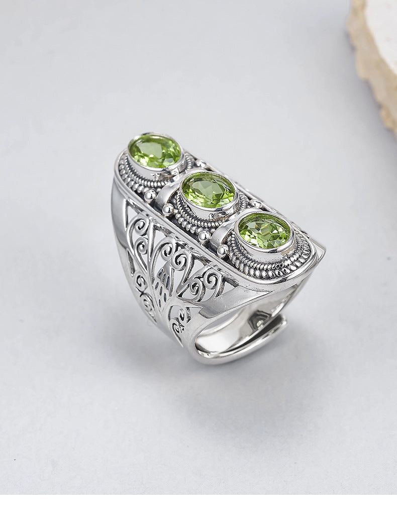 925 Sterling Silver Hollow Citrine & Peridot Adjustable Ring - Vintage Court Style