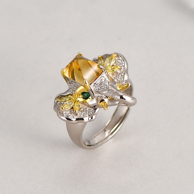 Elephant Citrine Ring - 925 Sterling Silver Adjustable Band with Micro-Pavé Detail