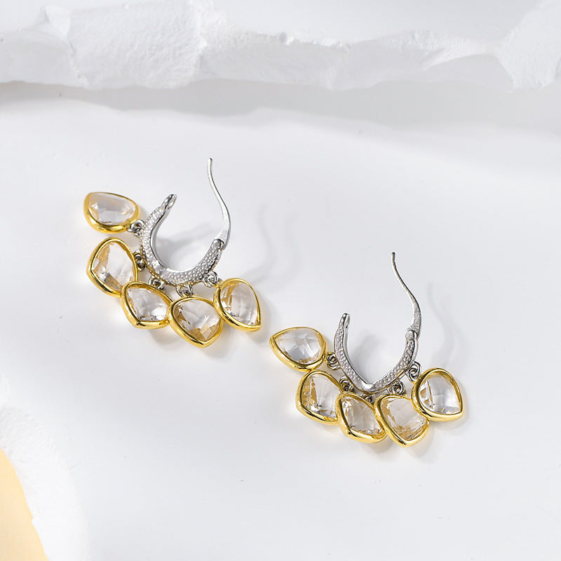 925 Sterling Silver White Crystal Cluster Dangle Earrings - French Design