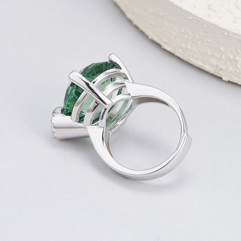 S925 silver light luxury niche design cutting surface round green crystal open ring versatile woman