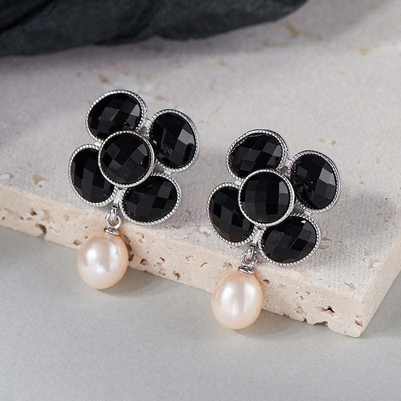 925 Sterling Silver Black Onyx Pearl Camellia Stud Earrings - French Design