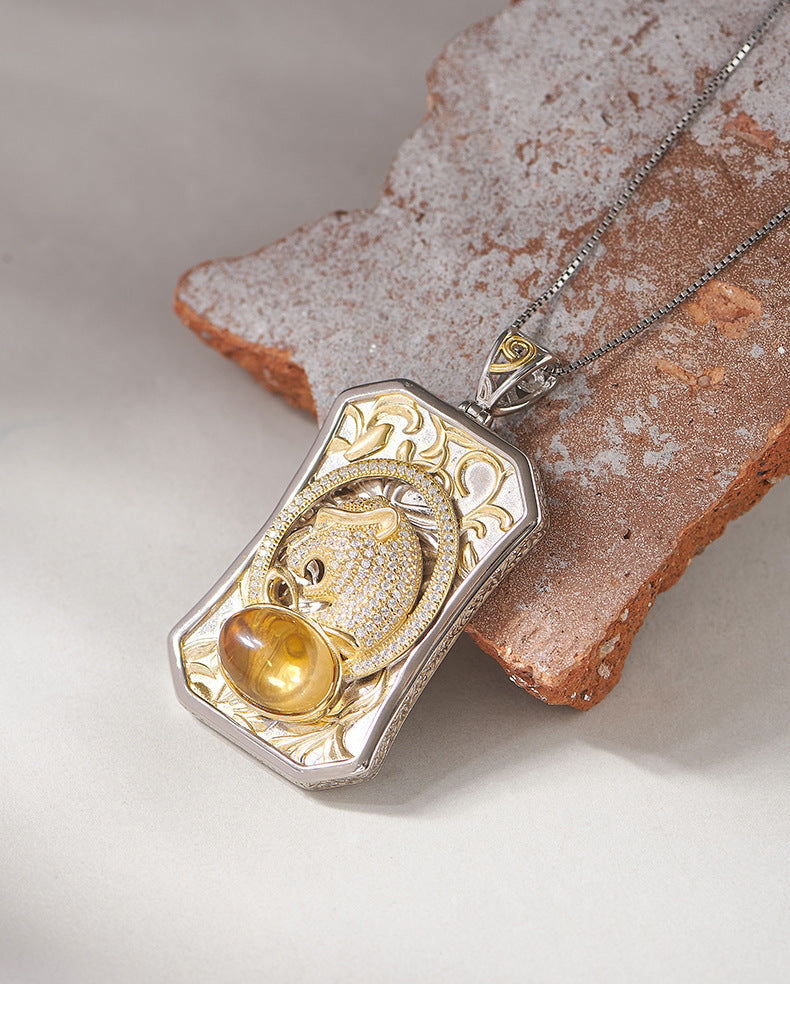 925 Sterling Silver Leopard Head Citrine Square Pendant Necklace - Vintage Design