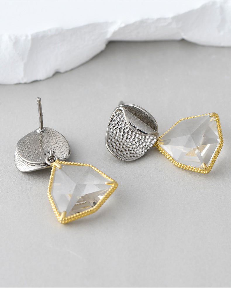 925 Sterling Silver Geometric Crystal Stud Earrings - French Gold Edge Design