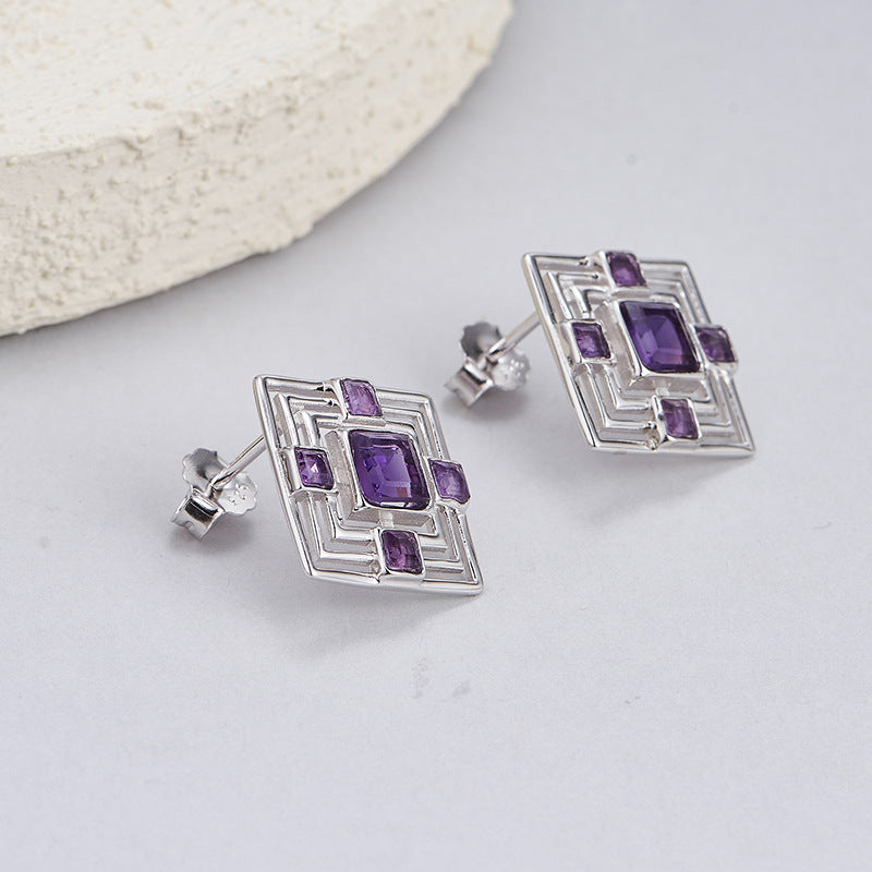 S925 silver natural amethyst stud earrings hollow rhombus high-end temperament versatile earrings light luxury