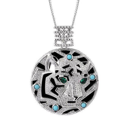 925 Sterling Silver Leopard Black Onyx Pendant Necklace - Statement Design