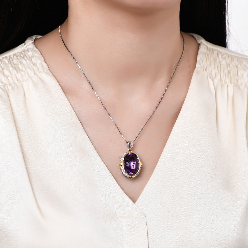 Oval Natural Amethyst Pendant - 925 Silver Niche Design - Fashionable Collarbone Chain