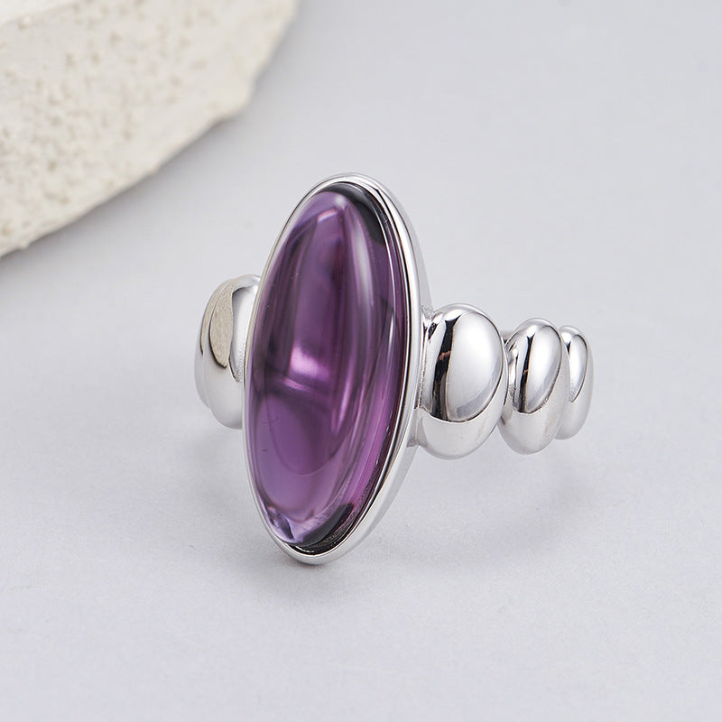 Geometric Natural Amethyst Ring - 925 Silver Cold Wind - Light Luxury Versatile Design