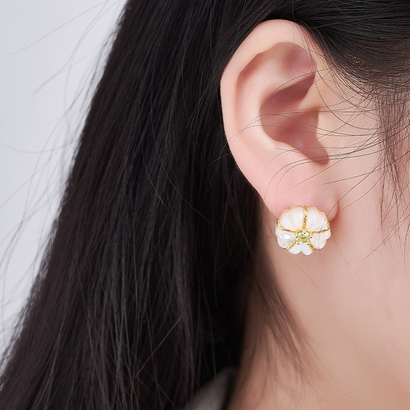 925 Sterling Silver White Shell Peridot Flower Stud Earrings - French Vintage