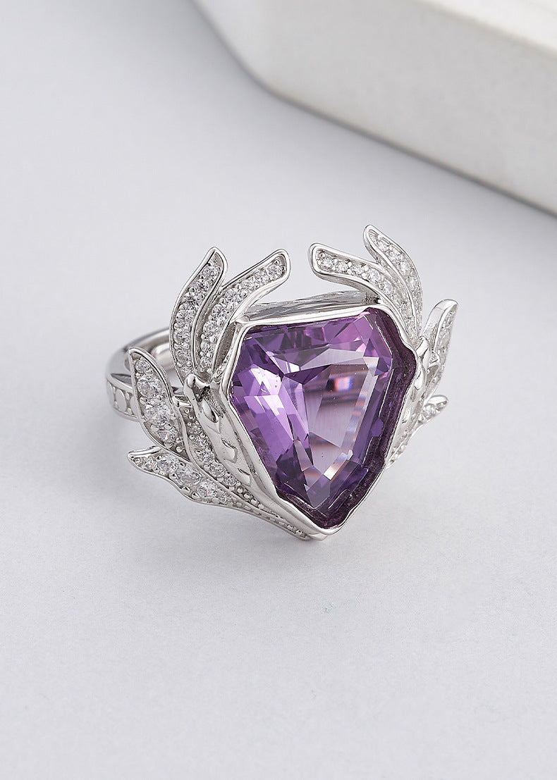 S925 silver light luxury geometric section amethyst full diamond ring niche design fashionable personality adjustable ring