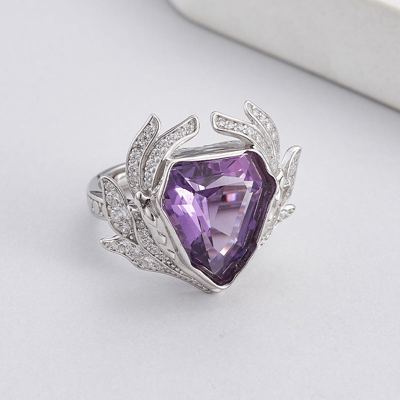 S925 silver light luxury geometric section amethyst full diamond ring niche design fashionable personality adjustable ring