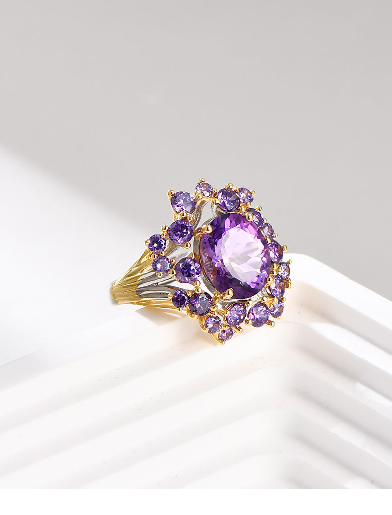 Secret Garden Amethyst Flower Ring - 925 Silver Full Diamond - Light Luxury Opening Ring